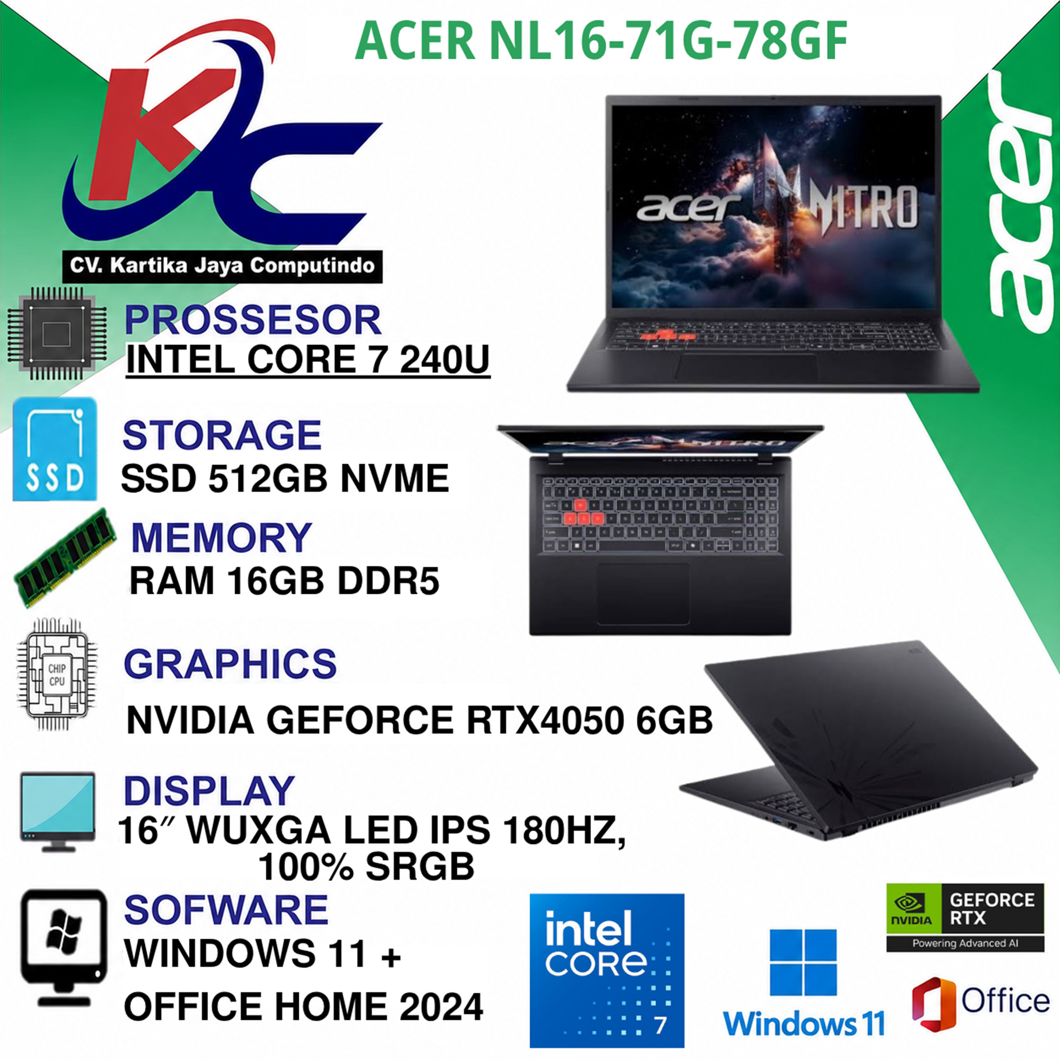 ACER NL16-71G-78GF  CORE 7-240U/ 16GB/ SSD 512GB/ RTX4050/ W11 OHS+M365 